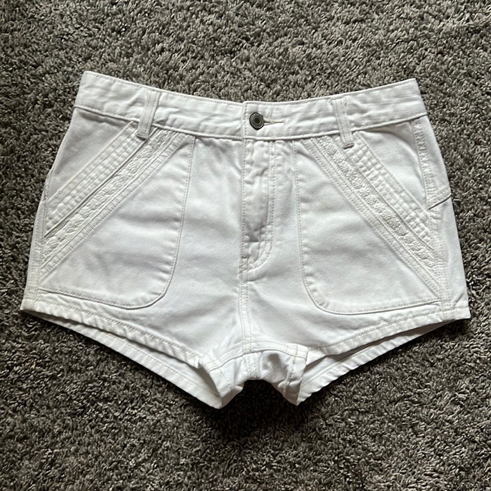 Free People High Rise White Denim Embroidered Shorts